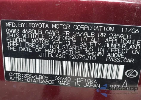 2007 Lexus Es 350 z USA, uszkodzony, nr VIN JTHBJ46G172075210